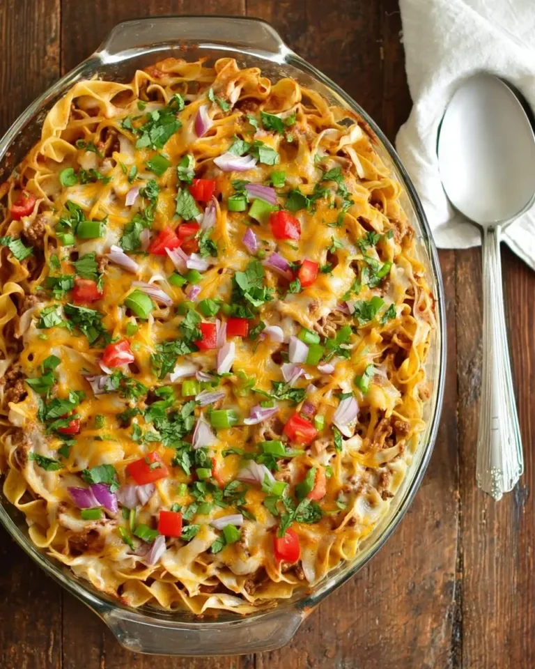 Mexican Noodle Casserole in a glass baking dish topped with melted cheese, diced tomatoes, onions, and fresh cilantro.