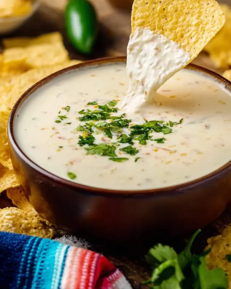 A tortilla chip dipped into creamy Mexican White Cheese Dip garnished with fresh cilantro in a brown bowl.