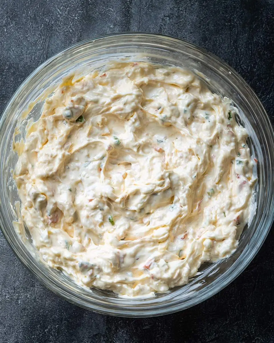Creamy Million Dollar Crack Dip Recipe mixture in a clear glass bowl on a dark surface.