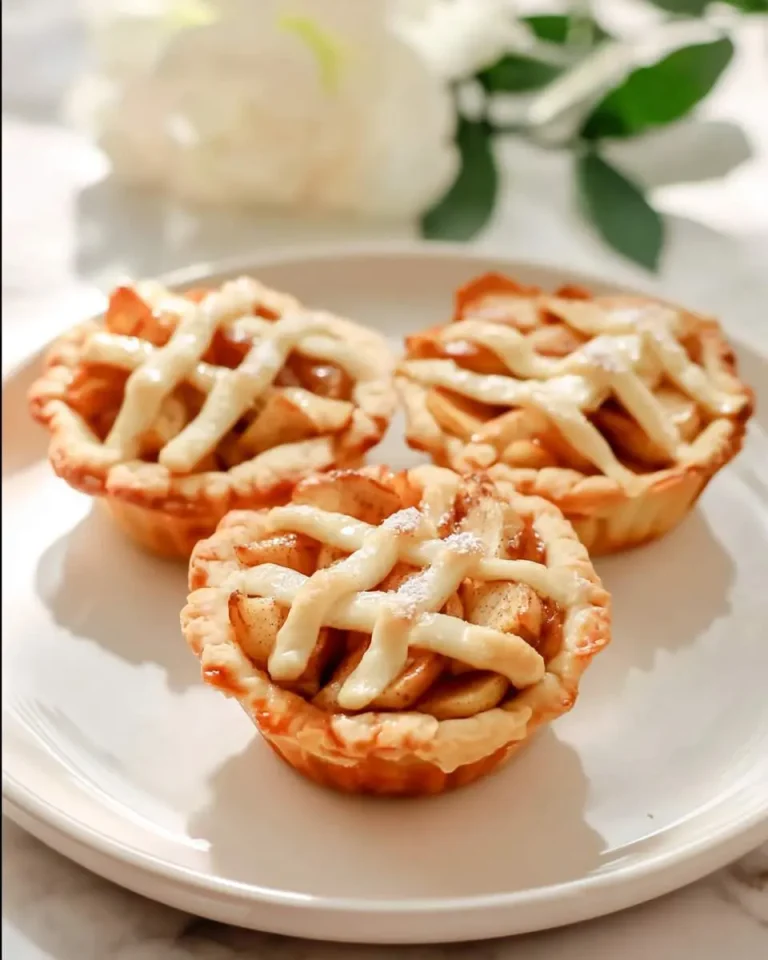 Three golden Mini Apple Pies with lattice crusts sit on a white plate, dusted with powdered sugar.