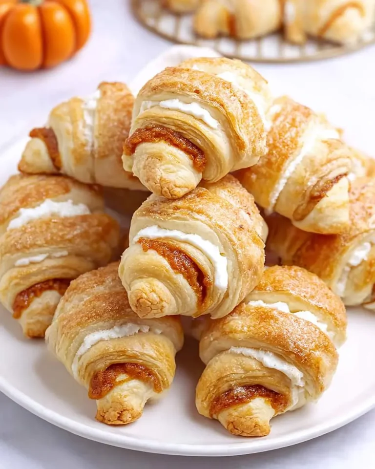 A stack of golden Mini Pumpkin Pie Croissants on a white plate, showing flaky layers with creamy filling and pumpkin visible.