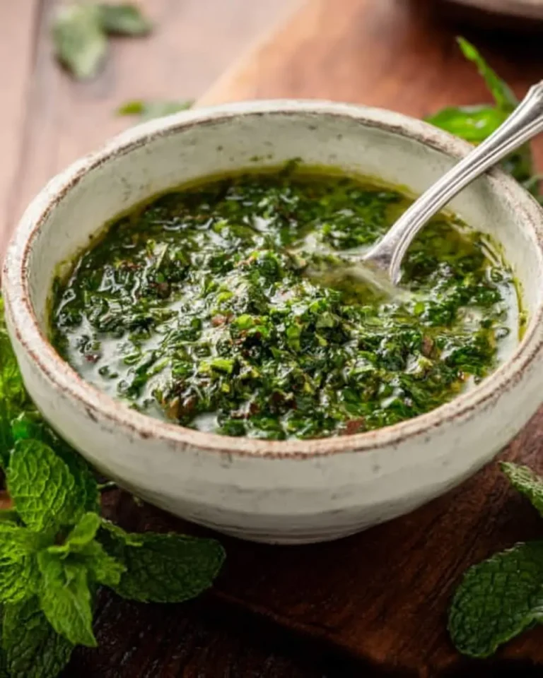 Fresh mint chimichurri sauce in a rustic white bowl with a spoon, surrounded by fresh mint leaves on a wooden surface.