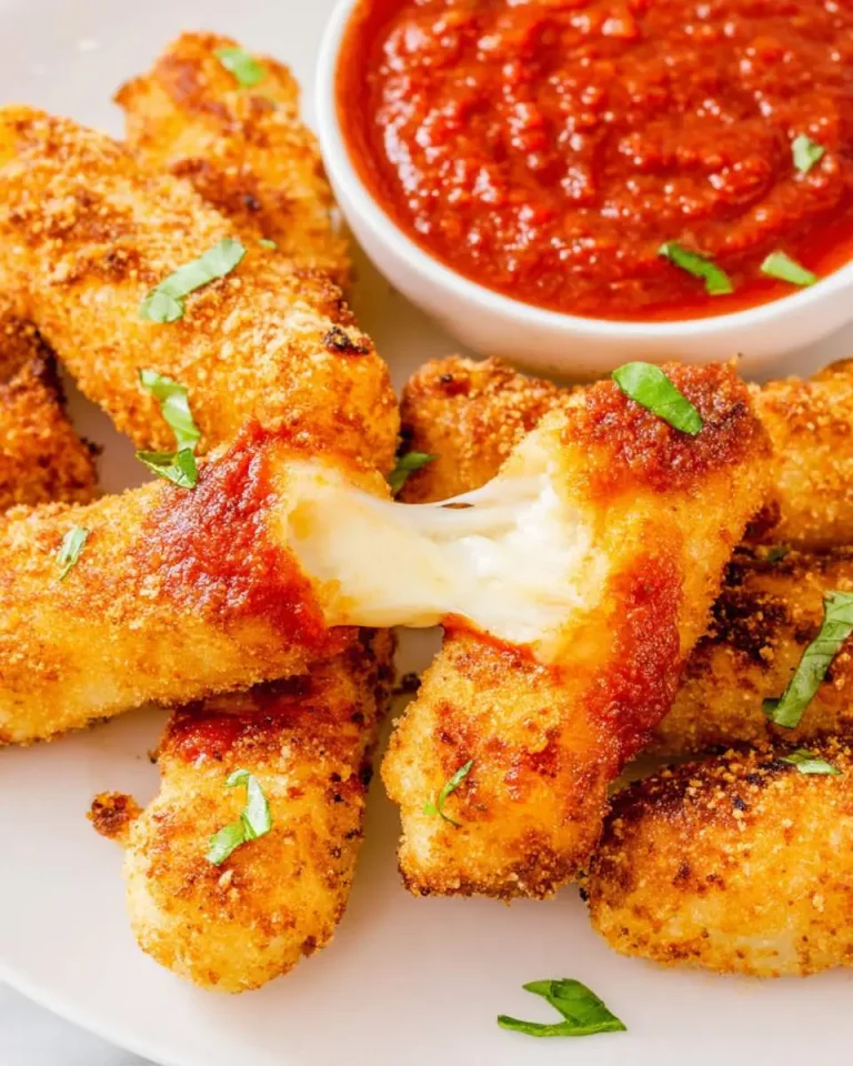 Golden crispy Mozzarella Sticks with Marinara sauce, one pulled apart to show melted cheese stretch.