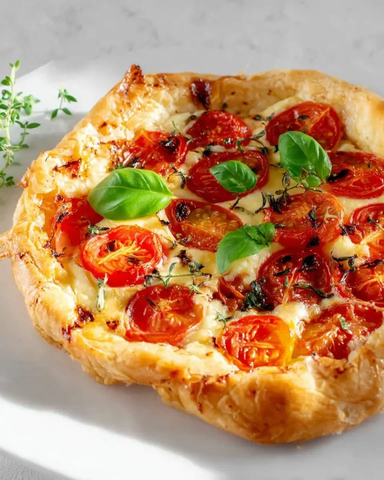 Golden baked Mozzarella Tomato Pie topped with roasted cherry tomatoes, fresh basil leaves, and herbs on flaky puff pastry.