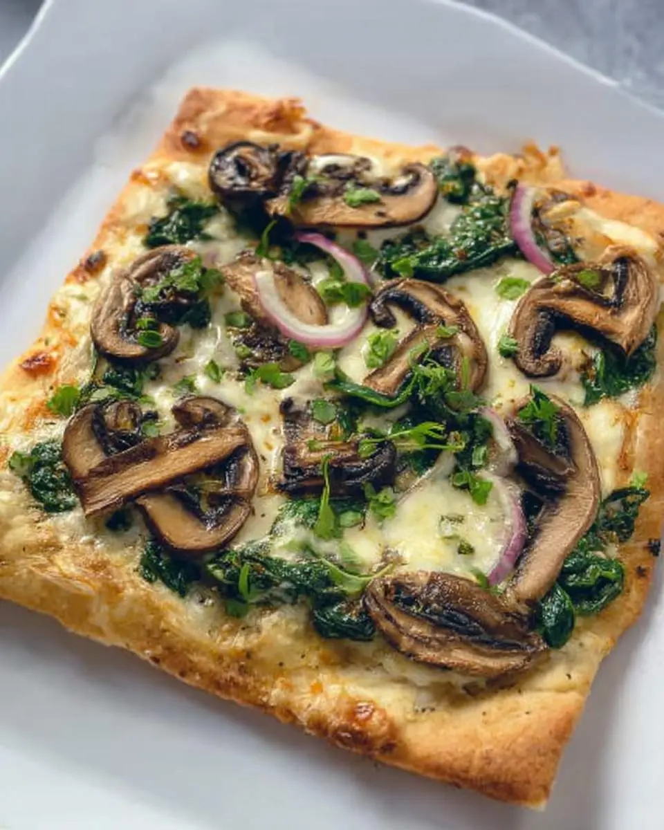 Mushroom Flatbread with Spinach topped with melted cheese, red onions, and fresh herbs on a golden crust.