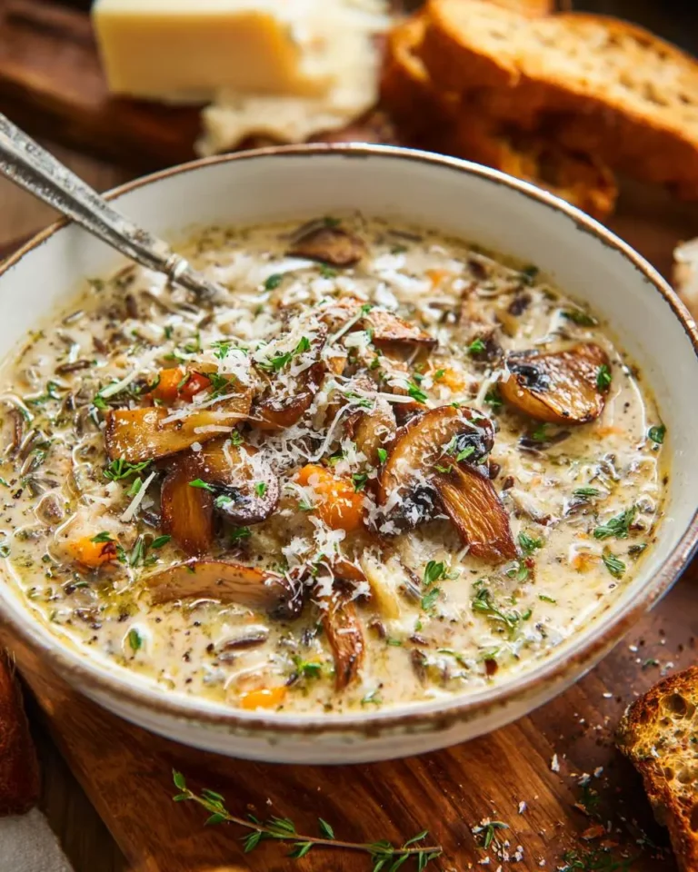 Creamy mushroom wild rice soup topped with roasted mushrooms, parmesan, and fresh herbs in a white bowl.