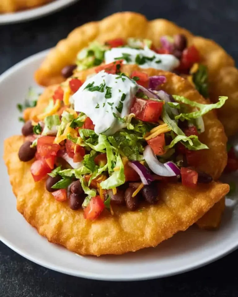 Two crispy Navajo Fry Bread Tacos topped with beans, lettuce, tomatoes, cheese, sour cream, and cilantro on a white plate.