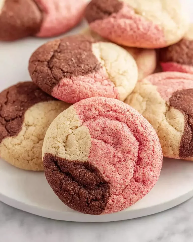 Colorful Neapolitan Cookies with chocolate, vanilla, and strawberry swirls stacked on a white plate.