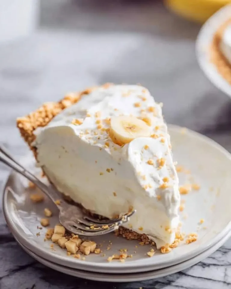 A slice of No Bake Banana Cream Pie with whipped topping, banana slices, and cookie crumb crust on a white plate with a fork.