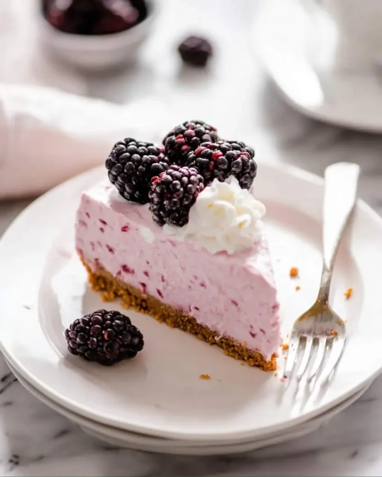 A slice of No Bake Blackberry Cheesecake topped with fresh blackberries and whipped cream on a white plate with a fork.