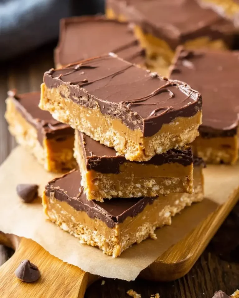 Stack of No Bake Chocolate Peanut Butter Dessert Bars with layers of chocolate, peanut butter, and crispy base on parchment paper.