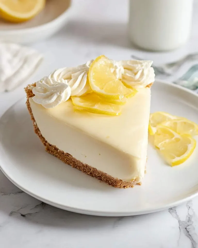Slice of creamy No-Bake Lemon Cheesecake topped with whipped cream and fresh lemon slices on a white plate.