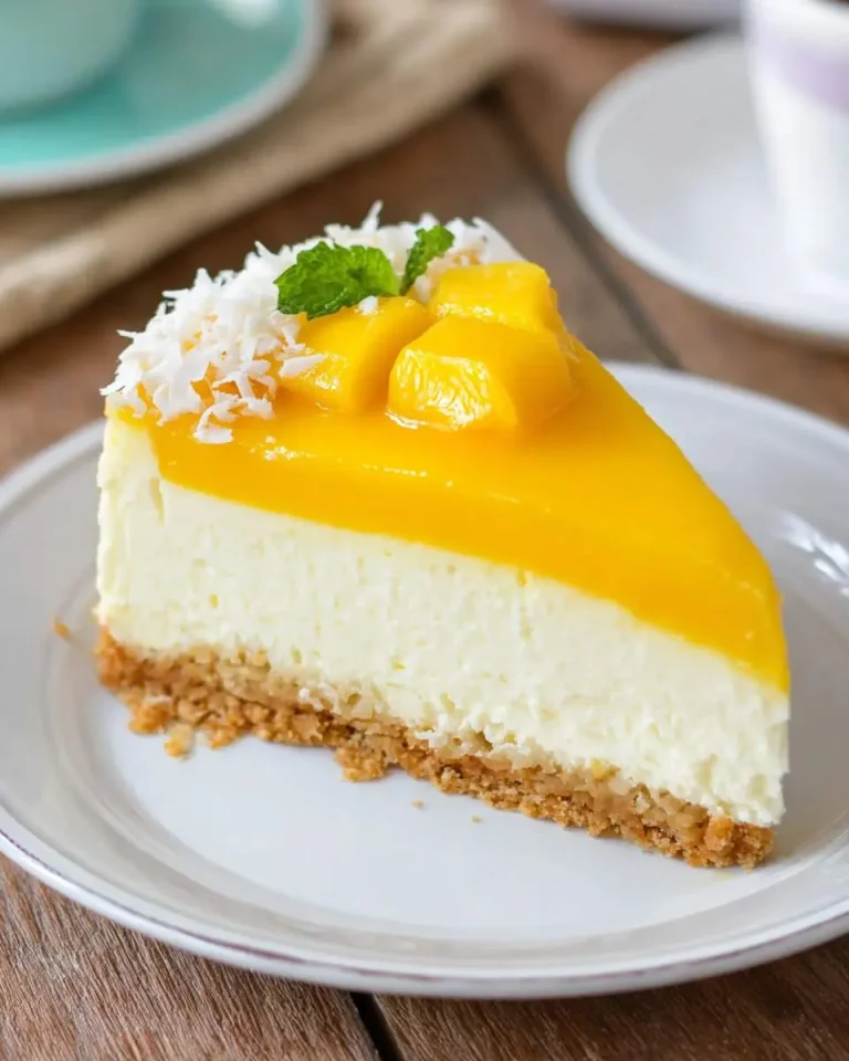 A slice of No Bake Mango Cheesecake topped with mango glaze, fresh mango chunks, coconut flakes, and mint on a white plate.