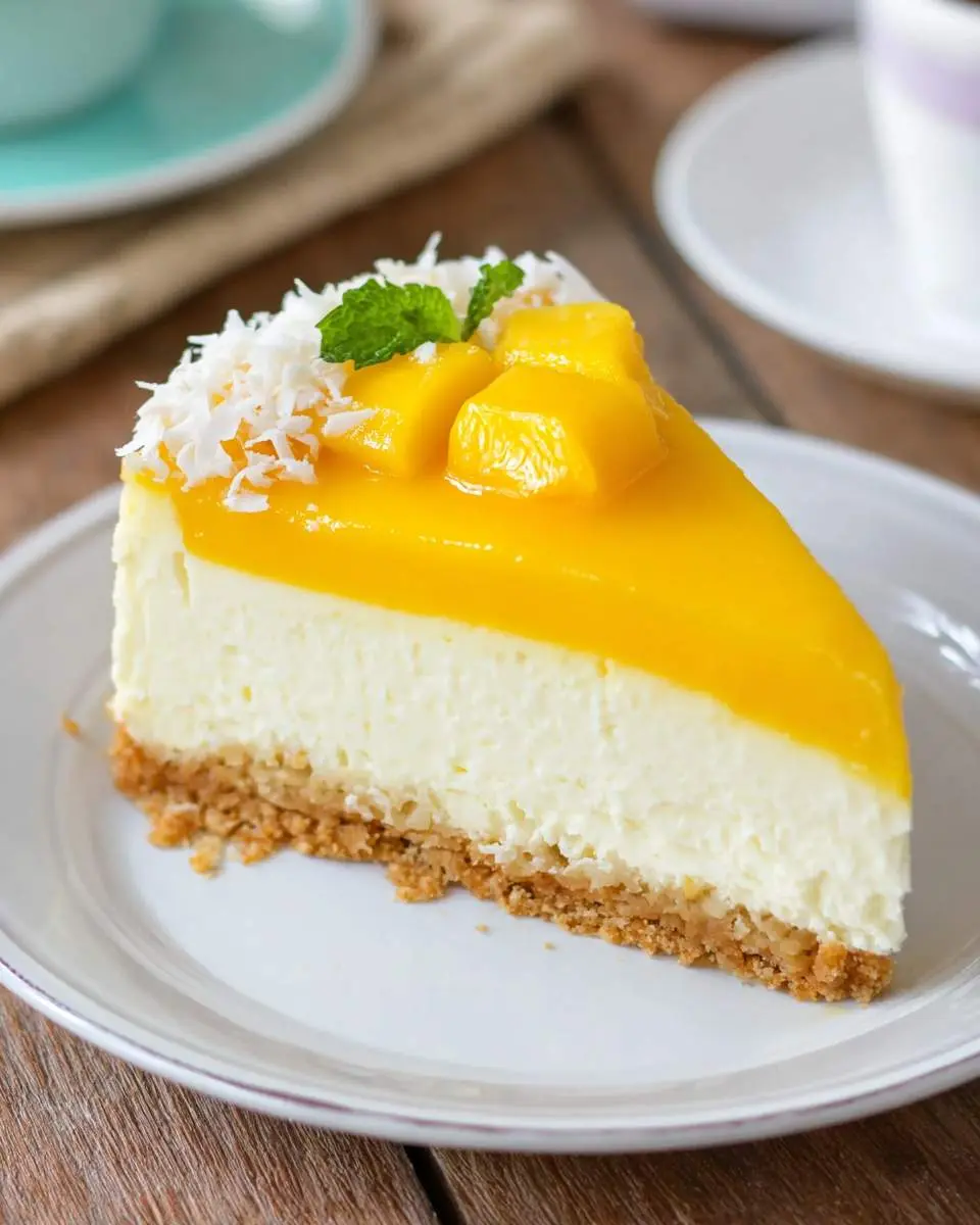 A slice of No Bake Mango Cheesecake topped with mango glaze, fresh mango chunks, coconut flakes, and mint on a white plate.