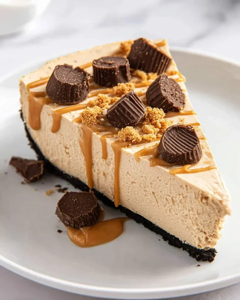 Slice of No Bake Peanut Butter Cheesecake topped with mini peanut butter cups and caramel drizzle on a white plate.