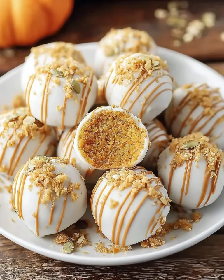 No Bake Pumpkin Balls coated in white chocolate with caramel drizzle and crushed toppings, one cut open to show the creamy orange center.