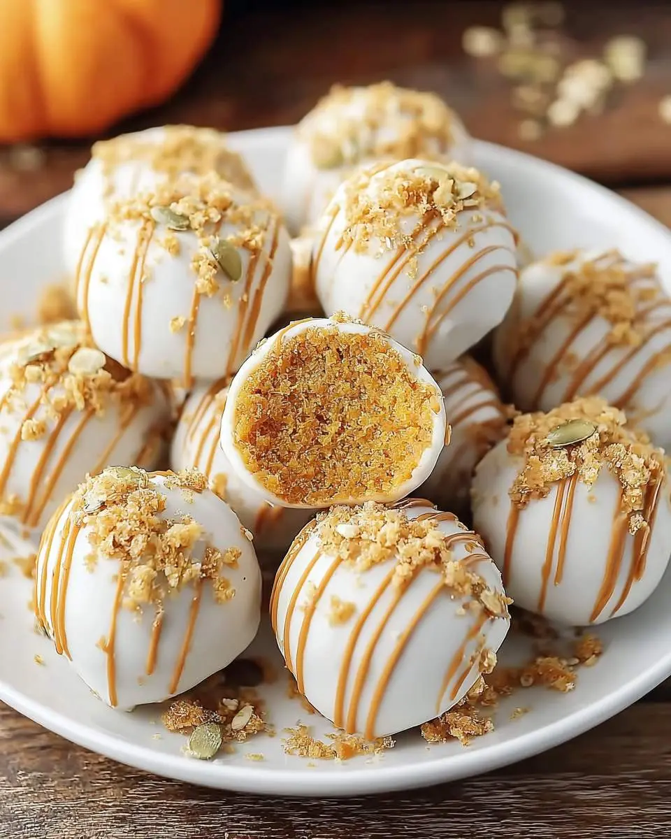 No Bake Pumpkin Balls coated in white chocolate with caramel drizzle and crushed toppings, one cut open to show the creamy orange center.