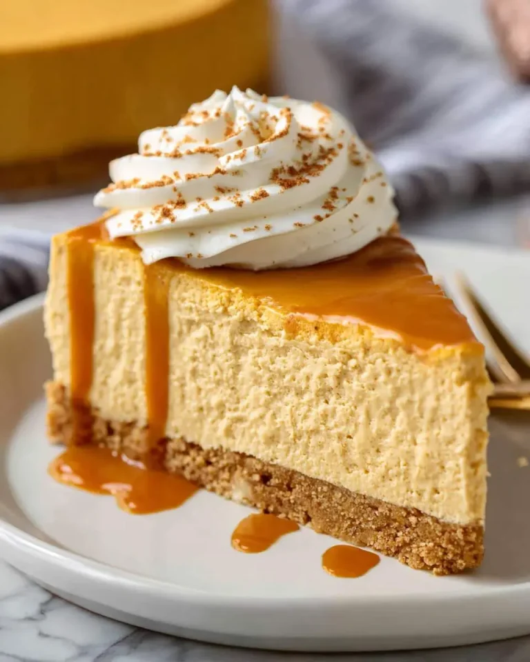 Slice of creamy No Bake Pumpkin Cheesecake topped with whipped cream, caramel drizzle, and cinnamon on a white plate.