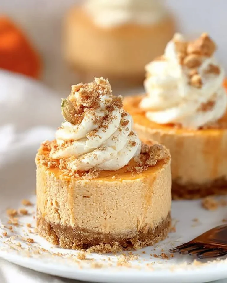 Two No Bake Pumpkin Mini Cheesecakes topped with whipped cream and crumb topping on a white plate.