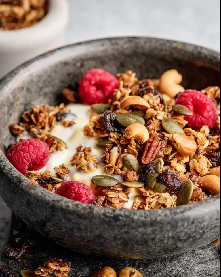 Nut and Seed Granola served in a stone bowl with yogurt and fresh raspberries.