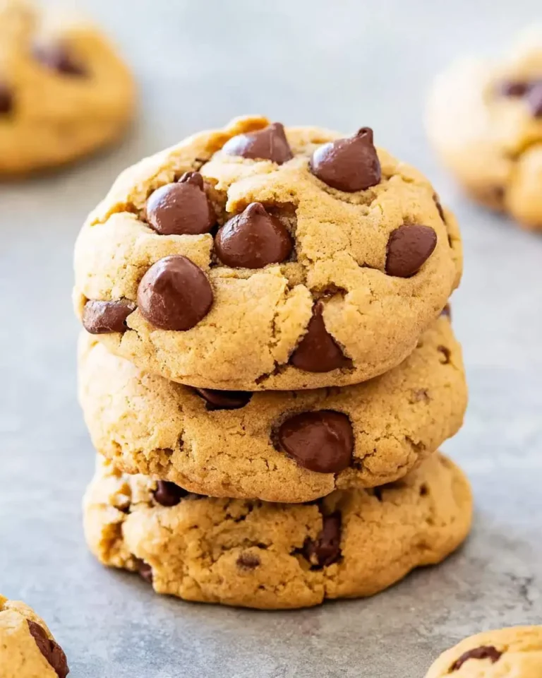 Stack of three golden Olive Oil Chocolate Chip Cookies with melted chocolate chips on a gray surface.