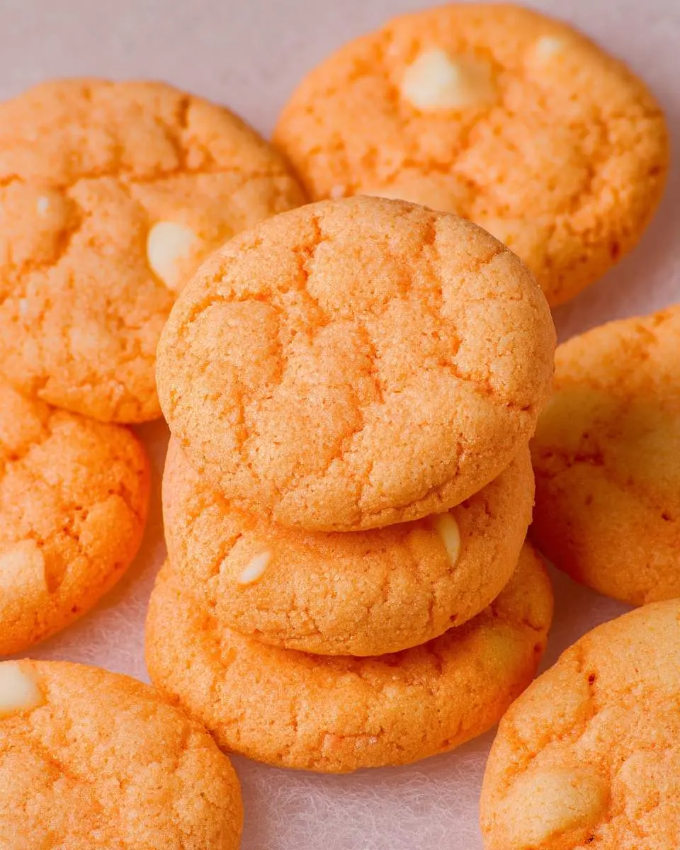 A stack of soft, chewy Orange Cookies with white chocolate chips arranged on a light surface.