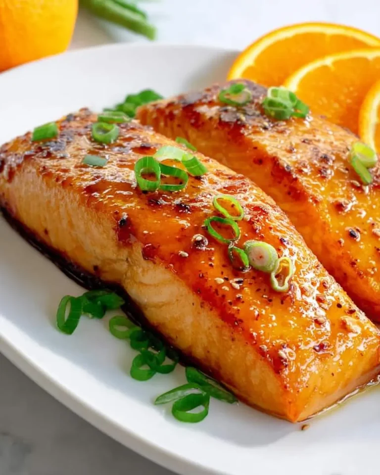 Two fillets of Orange Glazed Salmon topped with sliced green onions on a white plate with orange slices.