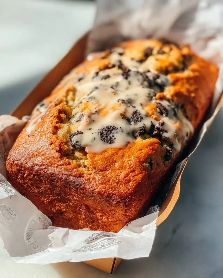 Freshly baked Oreo Banana Bread topped with vanilla glaze and cookie crumbles in a paper-lined loaf pan.