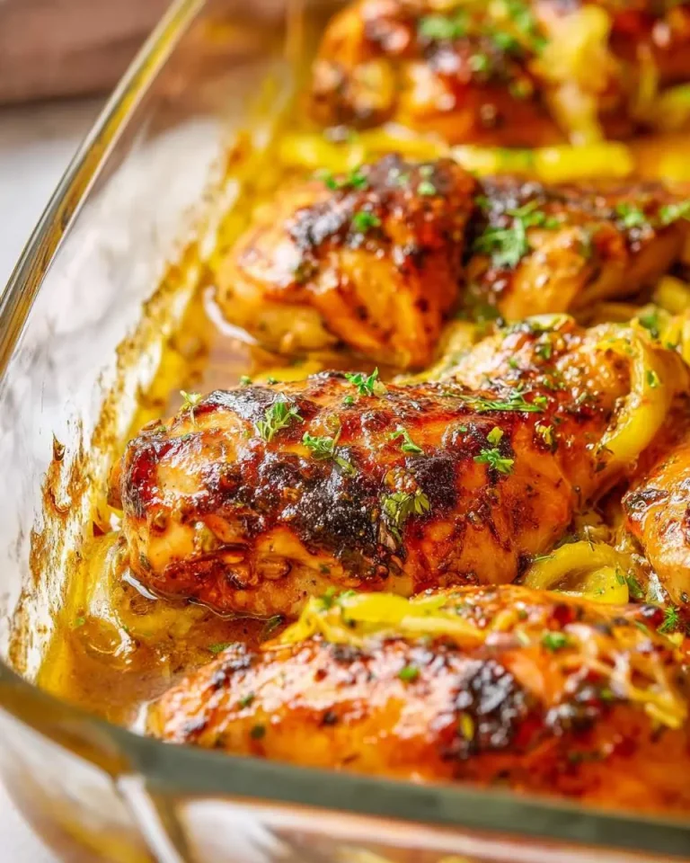 Oven Baked Mississippi Chicken with caramelized glaze and herbs in a glass baking dish.