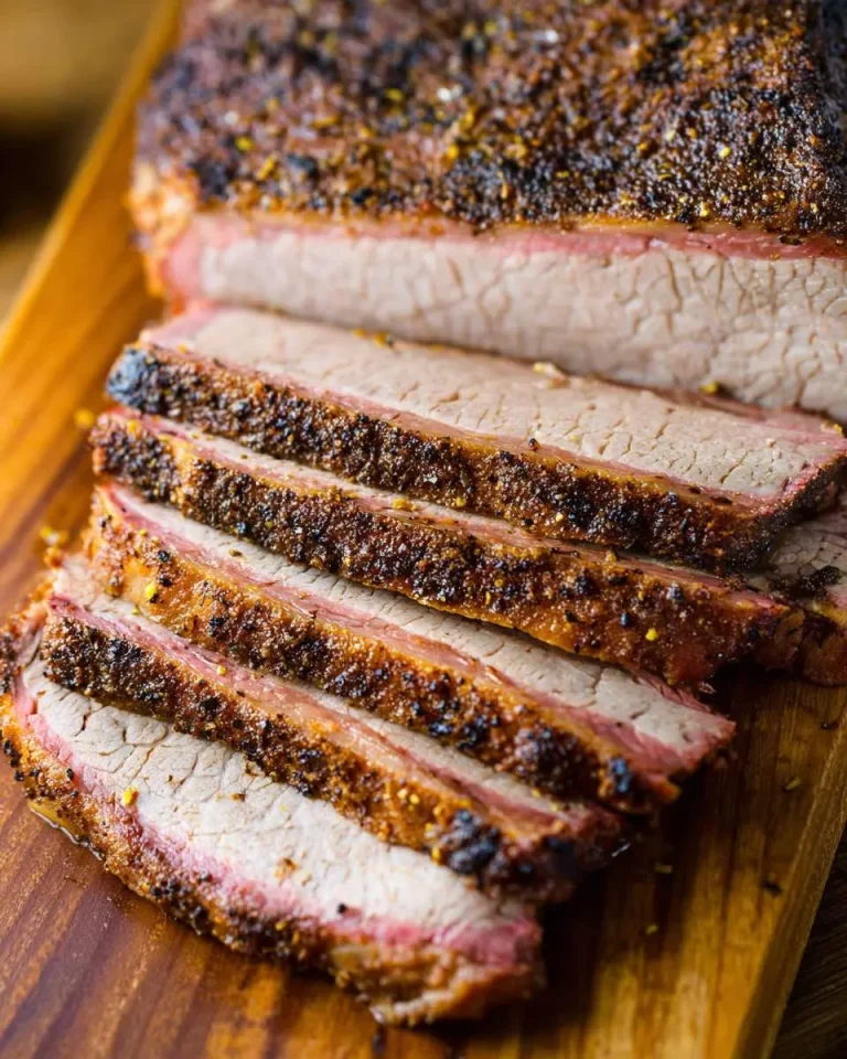 Sliced Oven Baked Texas Beef Brisket with crispy seasoned bark and tender pink smoke ring on a wooden board.