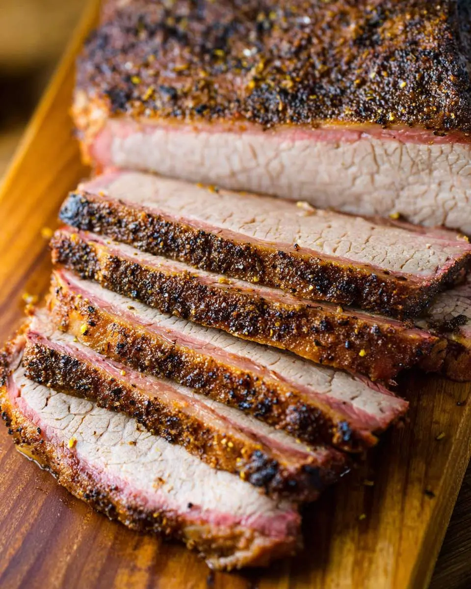 Sliced Oven Baked Texas Beef Brisket with crispy seasoned bark and tender pink smoke ring on a wooden board.