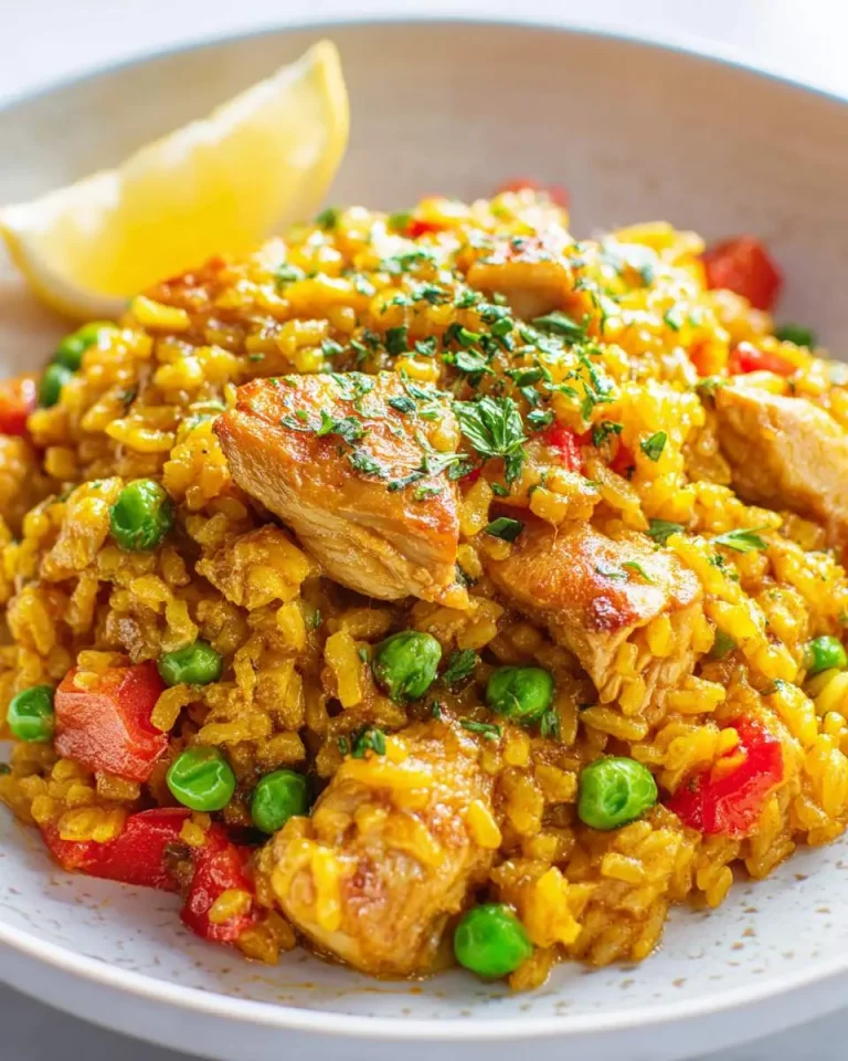 Paella Chicken with golden saffron rice, green peas, red peppers, and fresh herbs served with a lemon wedge.