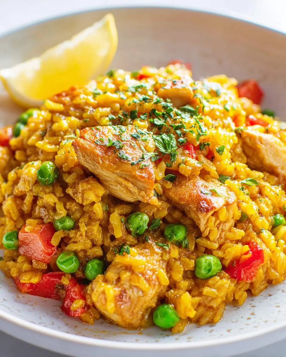 Paella Chicken with golden saffron rice, green peas, red peppers, and fresh herbs served with a lemon wedge.