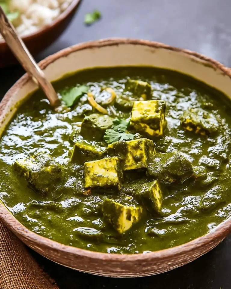 Creamy Palak Paneer Recipe served in a rustic bowl with soft paneer cubes in rich green spinach gravy.