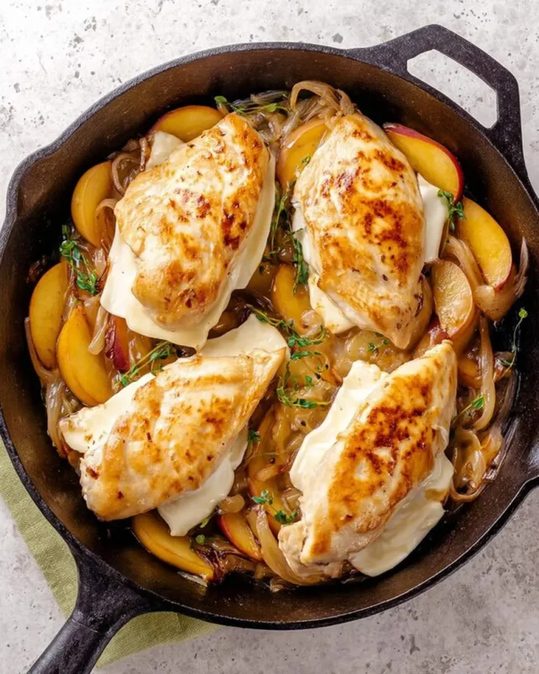 Golden seared Peach Chicken with Brie Cheese in a cast iron skillet with caramelized onions and fresh thyme.