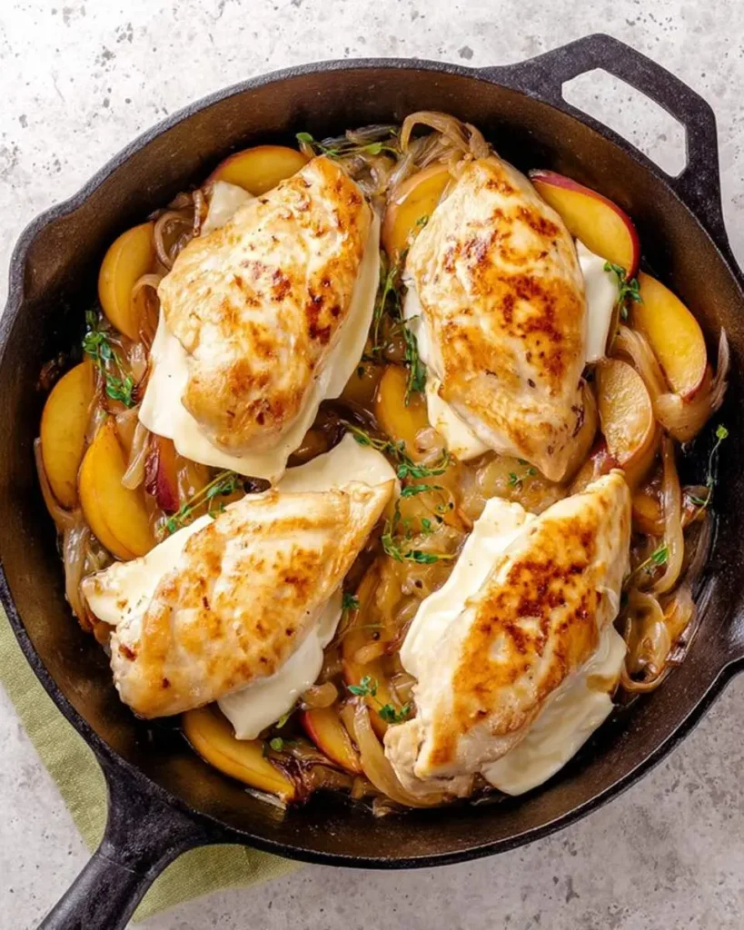 Golden seared Peach Chicken with Brie Cheese in a cast iron skillet with caramelized onions and fresh thyme.