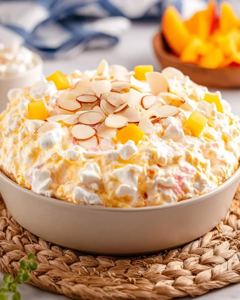Creamy Peach Fluff Salad topped with sliced almonds, mini marshmallows, and fresh peach chunks in a white bowl.