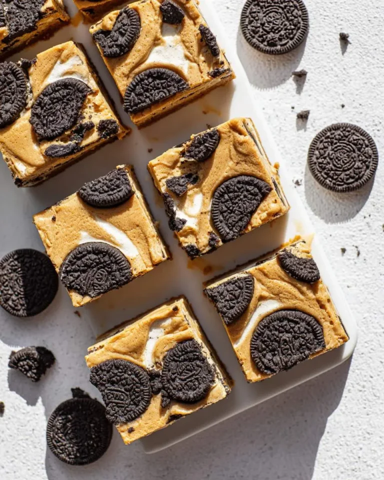 Squares of Peanut Butter Oreo Bars arranged on a white surface with whole and crushed Oreo cookies scattered around.