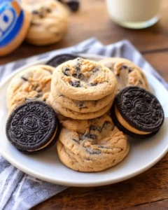 A white plate stacked with homemade peanut butter Oreo cookies and whole Oreo cookies on a wooden table.