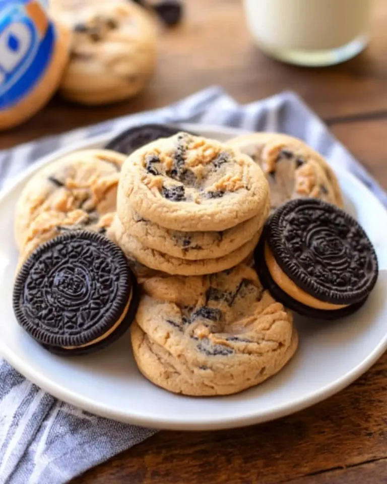 A white plate stacked with homemade peanut butter Oreo cookies and whole Oreo cookies on a wooden table.