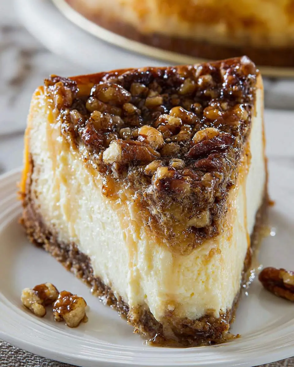 A slice of Pecan Pie Cheesecake with creamy filling, graham cracker crust, and caramel pecan topping on a white plate.