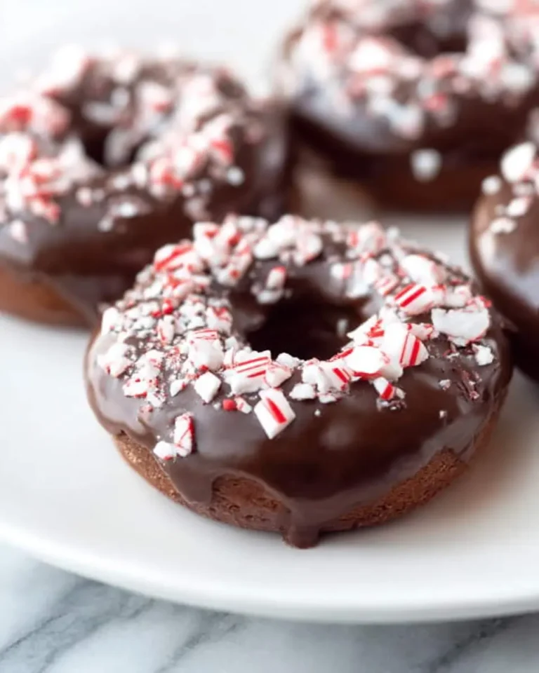 Chocolate glazed Peppermint Mocha Donuts topped with crushed candy canes on a white plate.