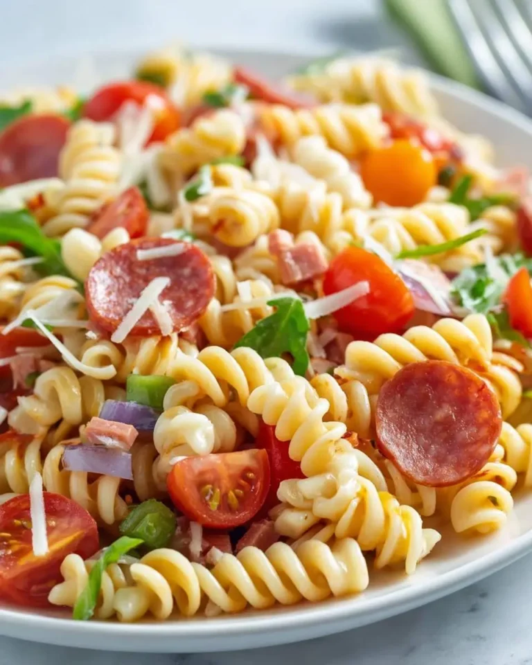 A colorful bowl of Pepperoni Pasta Salad with rotini, cherry tomatoes, fresh basil, red onion, and shredded cheese.