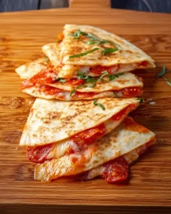 Stacked Pepperoni Pizza Quesadilla slices topped with fresh basil on a wooden cutting board.