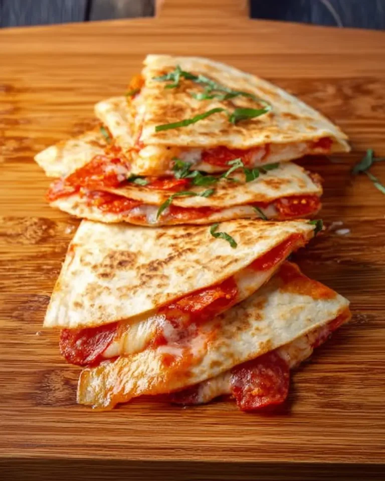 Stacked Pepperoni Pizza Quesadilla slices topped with fresh basil on a wooden cutting board.