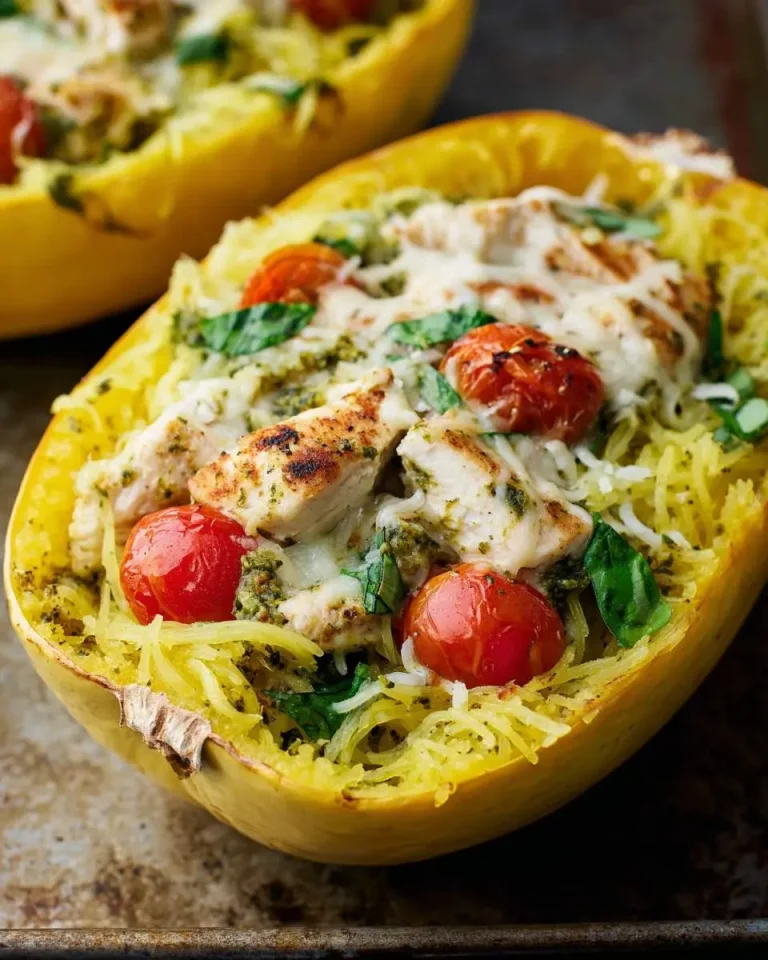 Pesto Chicken Stuffed Spaghetti Squash halves topped with melted cheese, roasted tomatoes, and fresh basil on a baking sheet.
