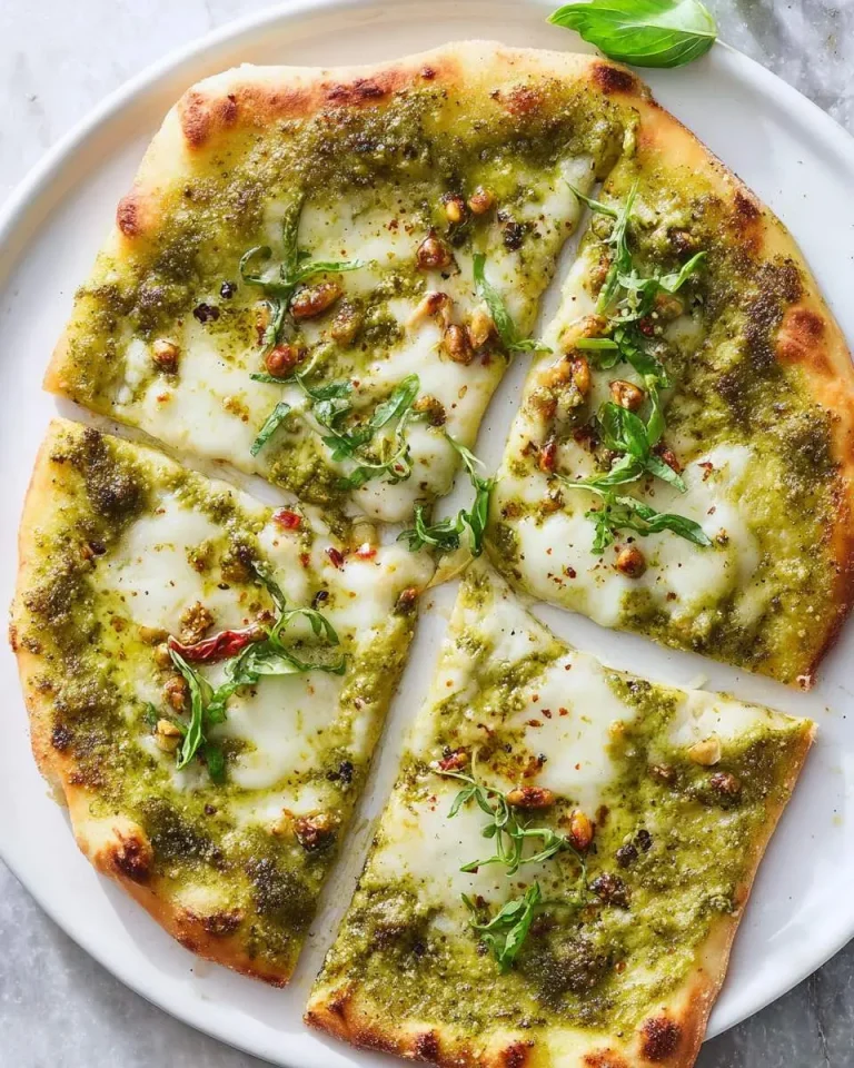 Freshly baked pesto pizza recipe with melted mozzarella, basil, and pine nuts on a white plate.