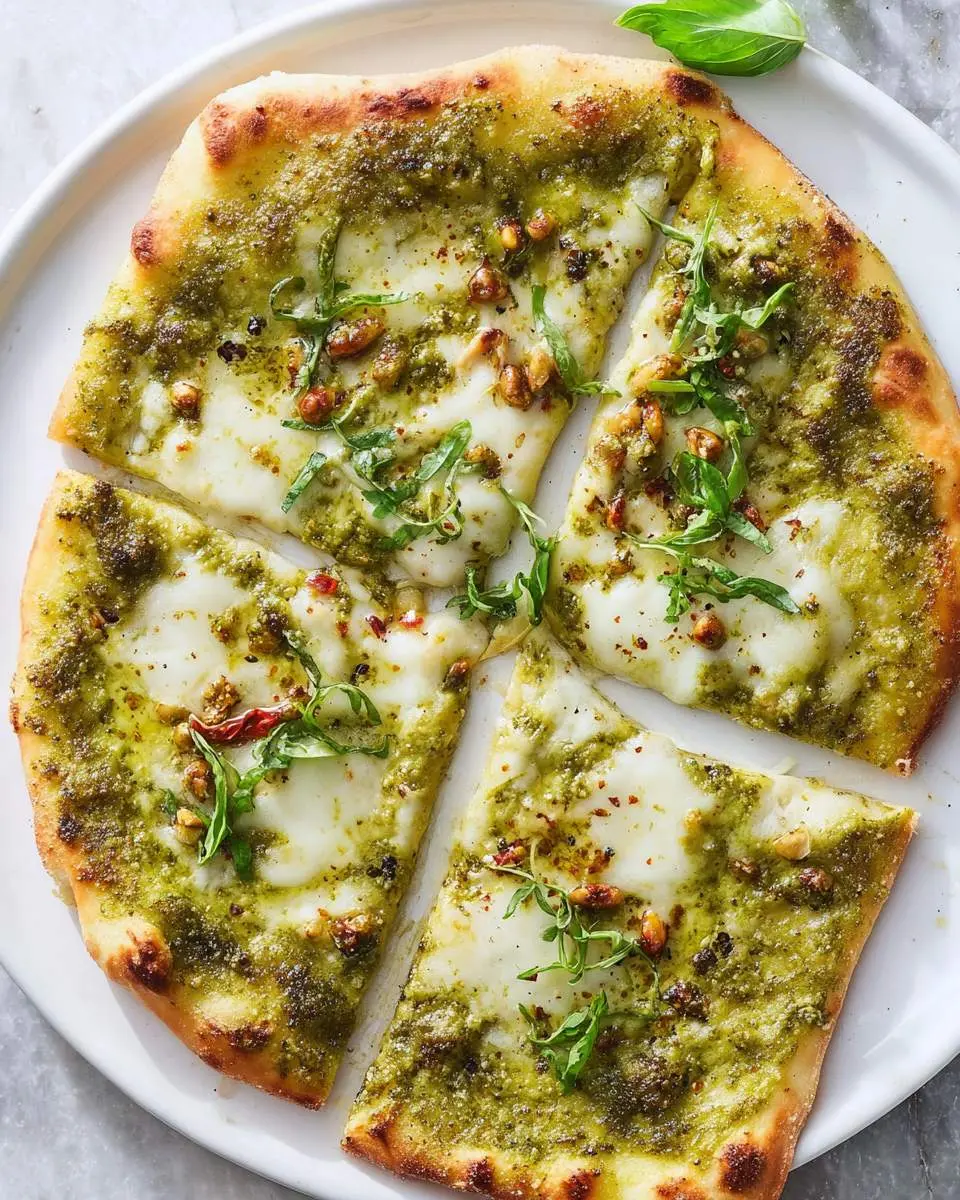 Freshly baked pesto pizza recipe with melted mozzarella, basil, and pine nuts on a white plate.
