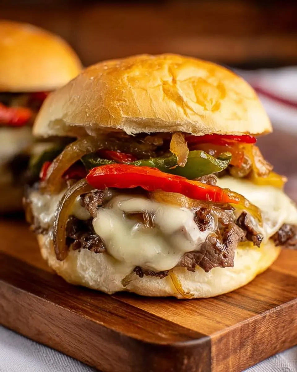 A Philly Cheesesteak Burger with melted cheese, grilled onions, and colorful bell peppers on a toasted bun.