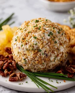A pineapple cheese ball coated in crushed nuts and chives sits on a marble board with pecans and crackers.